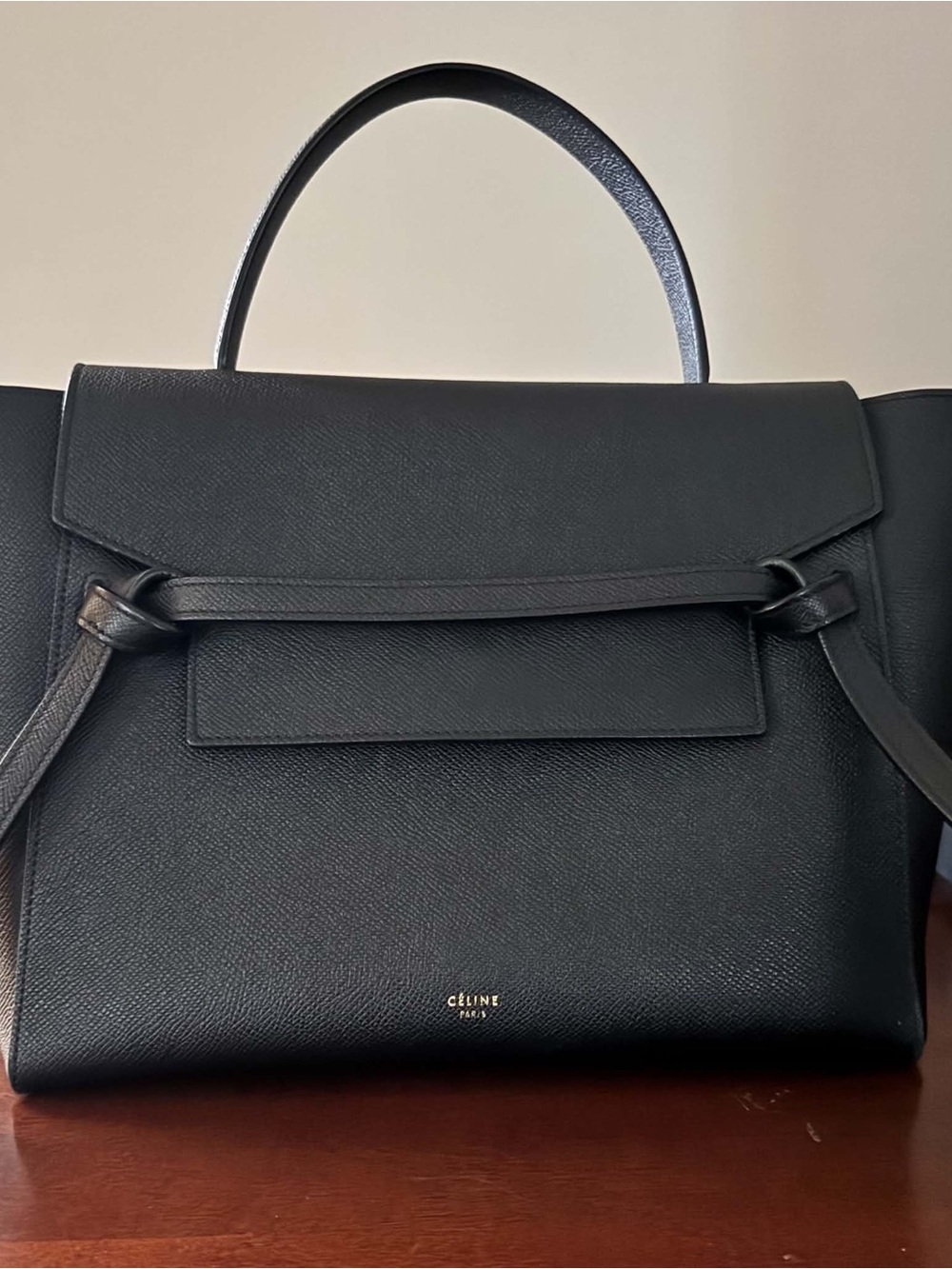 Celine Black Leather Satchel with Flap and Top Handle